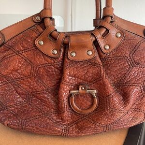 Cognac Leather Shoulder Bag with Brass Hardware